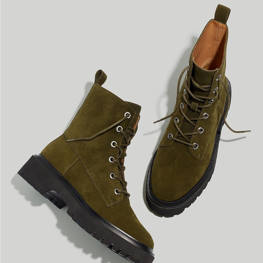 MADEWELL The Rayna‎ Lace-Up Lugsole Boot in Suede in Cargo Green 7 $198 NG668